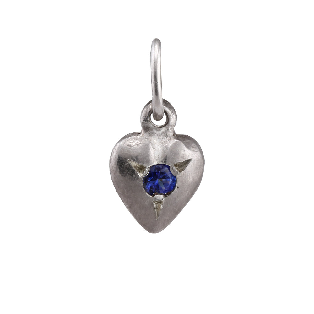 Front-facing view of Puff Heart Pendant in sterling silver with sapphire by Betsy Barron.