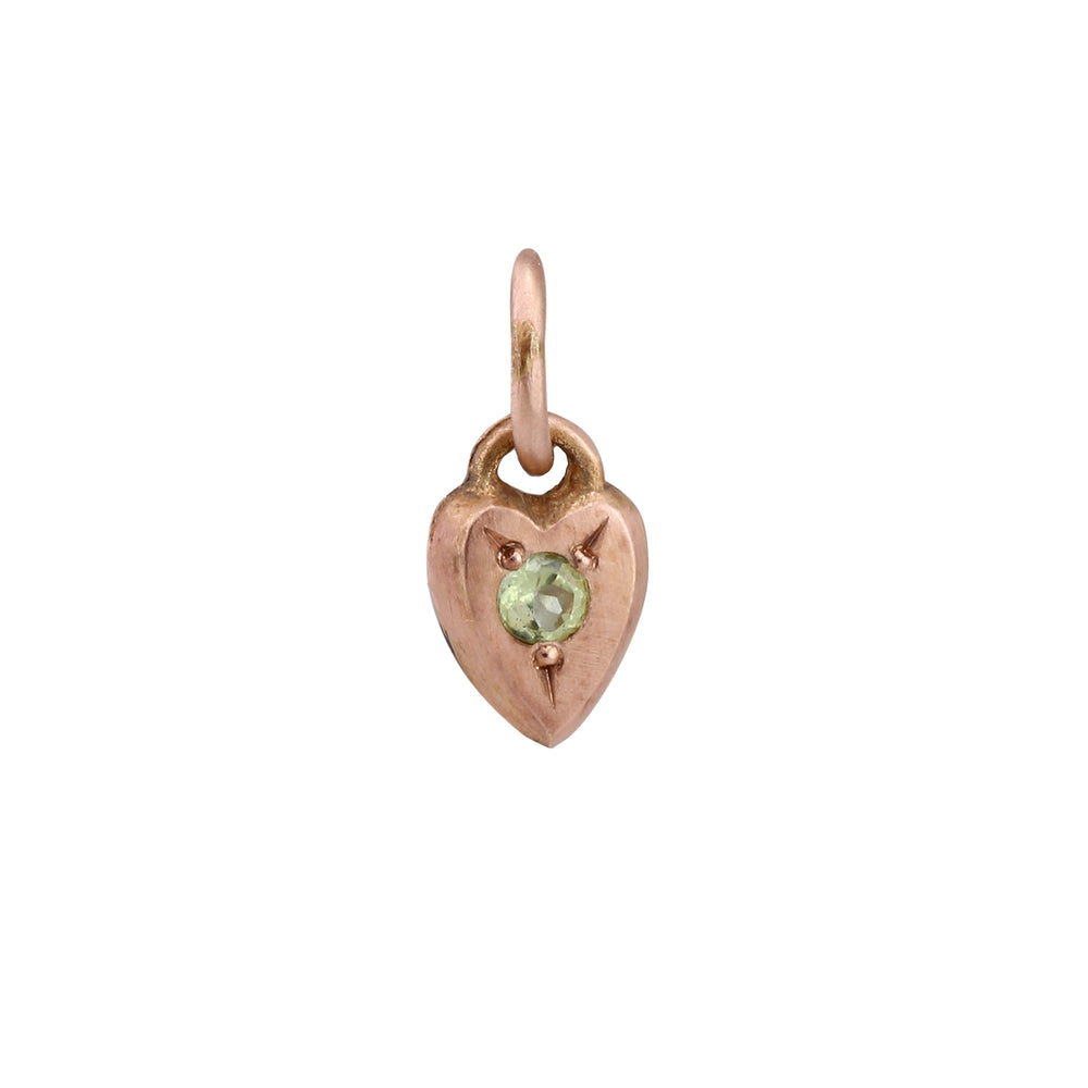 
            
                Load image into Gallery viewer, Front-facing view of Mini Heart Charm in 14k rose gold with peridot by Betsy Barron
            
        