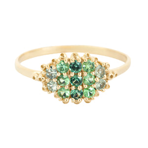 Front-facing view of Fereastra Ring with green sapphires by Ruta Refien.