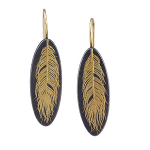 Front-facing view of Linear Feather Earrings by Edna Madera