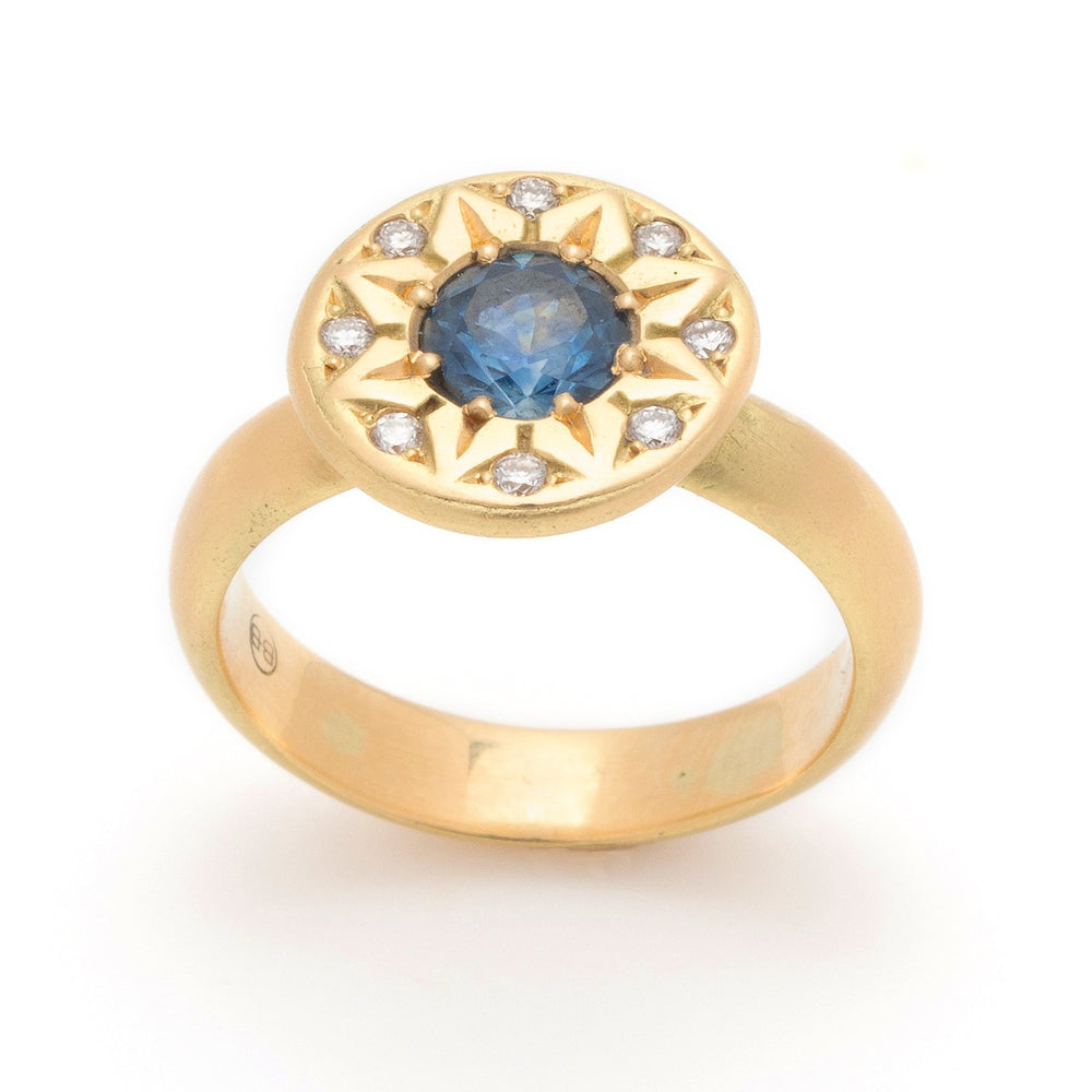 
            
                Load image into Gallery viewer, Ancient Flower Ring by Betsy Barronin 18k yellow gold with sapphire and diamonds
            
        